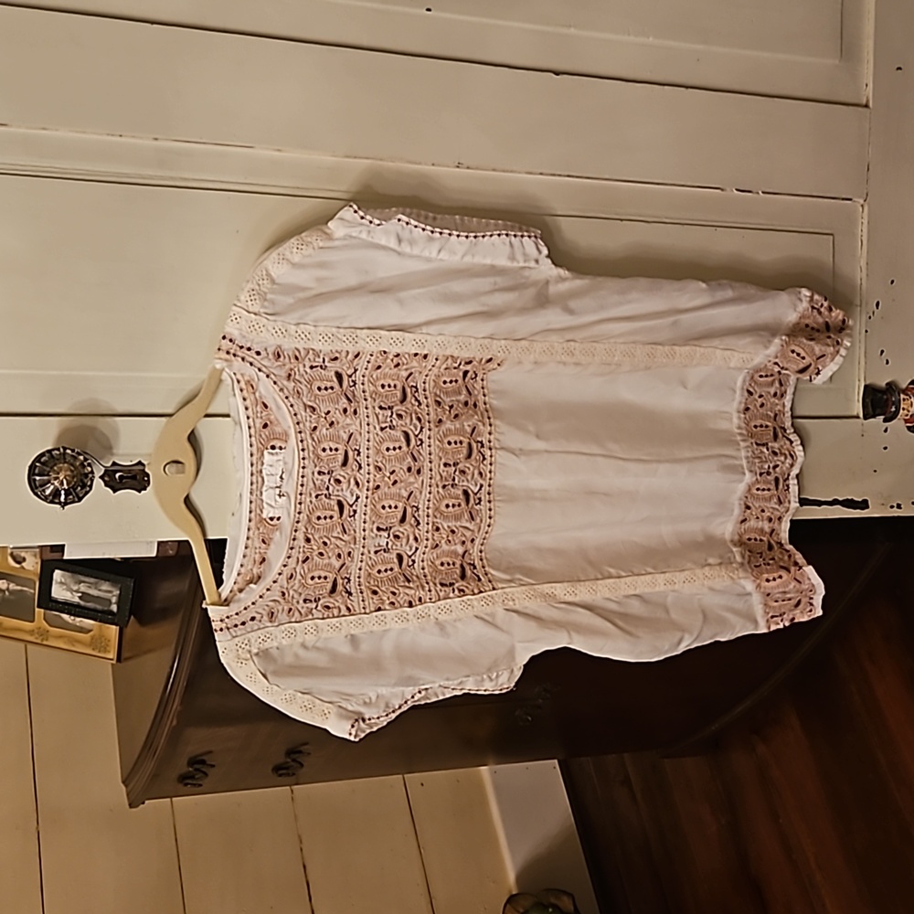 Johnny Was Boho Lace Peacock Embroidered Top Bertie Cupra Crinkle Blouse - Picture 2 of 4